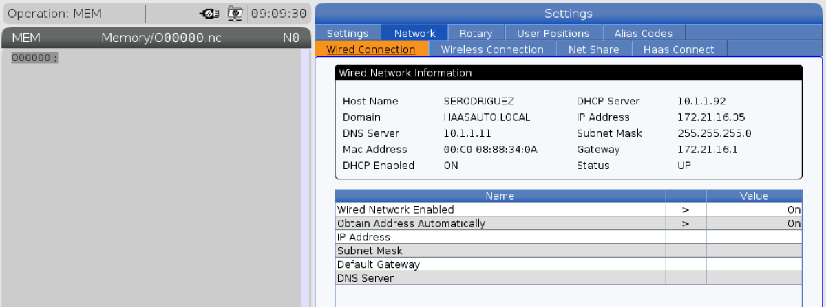 Hass Settings/Network/Wired connection 